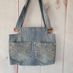 Vintage Handmade Reversible Denim Handbag Purse, Light Blue Denim w/ Wood Clasp